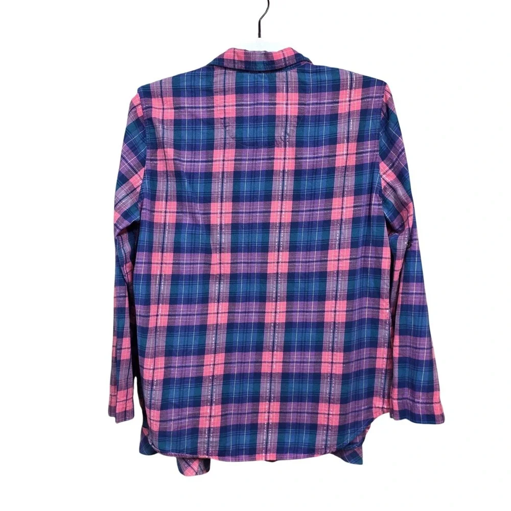 Victoria's Secret Pajama Set Women L Pink Blue Plaid Flannel Button Lounge Cozy